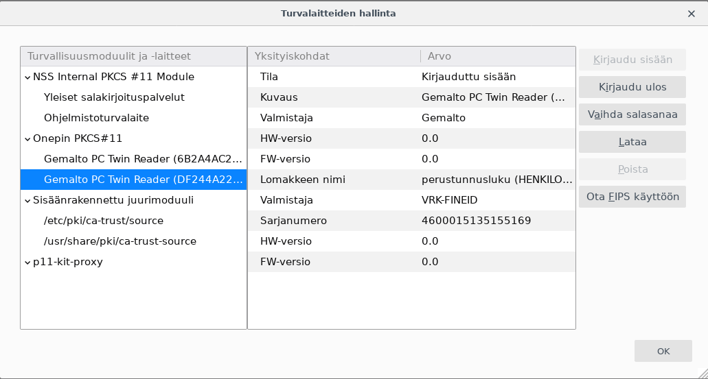 Firefox asetuksien tietoturvalaitteet jossa ladattuna OpenSC ohjelmiston PKCS#11-laajennos USB-kortinlukijalle. Kuvassa näkyvät tietokoneen kaksi Gemalto-kortinlukijaa joissa toisessa on henkilökortti. p11-kit laajennus on pois käytöstä.